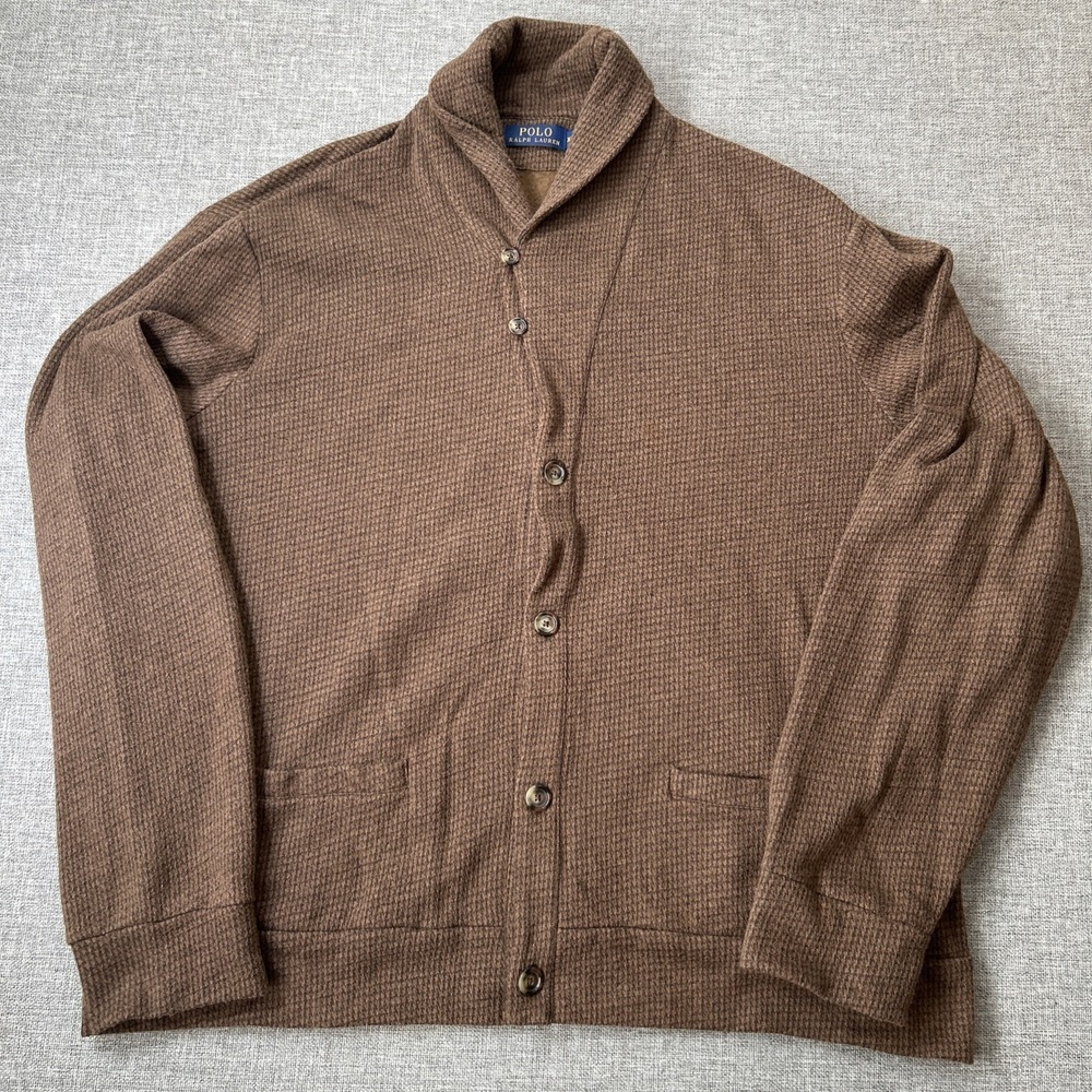 Ralph Lauren Polo Men's Jacquard Fleece Shawl Cardigan 2XL Olive Houndstooth